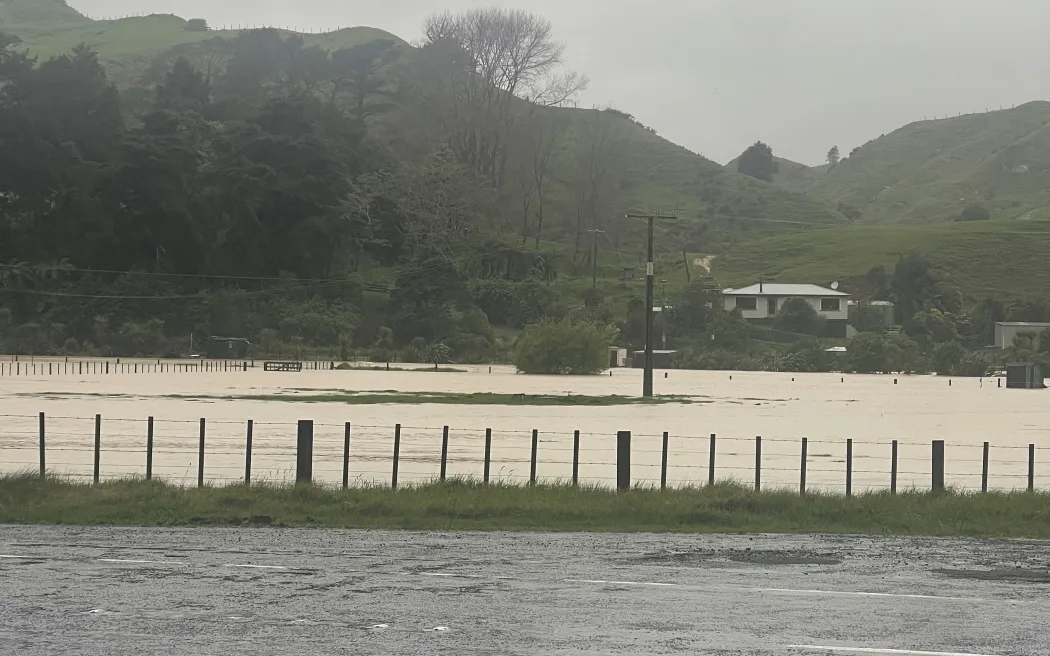 Flooding on farmland at the base of the Awakino Gorge on Tuesday 14 October 2025.