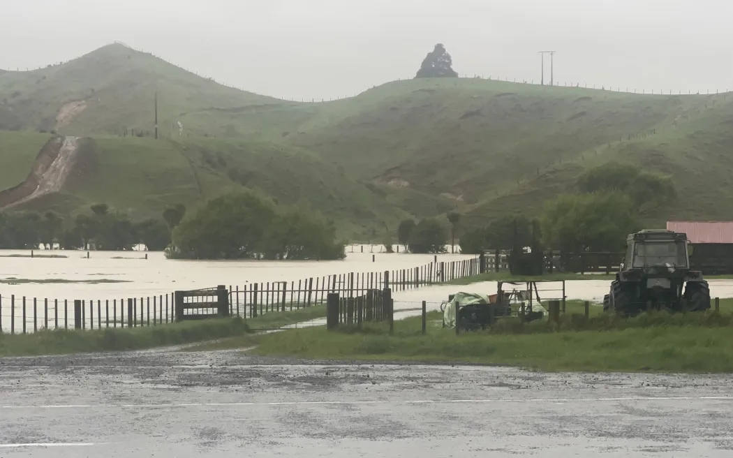 Flooding on farmland at the base of the Awakino Gorge on Tuesday. Photo: Supplied / Bree Joyce