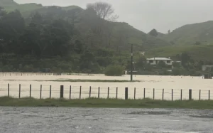Flooding on farmland at the base of the Awakino Gorge on Tuesday 14 October 2025.