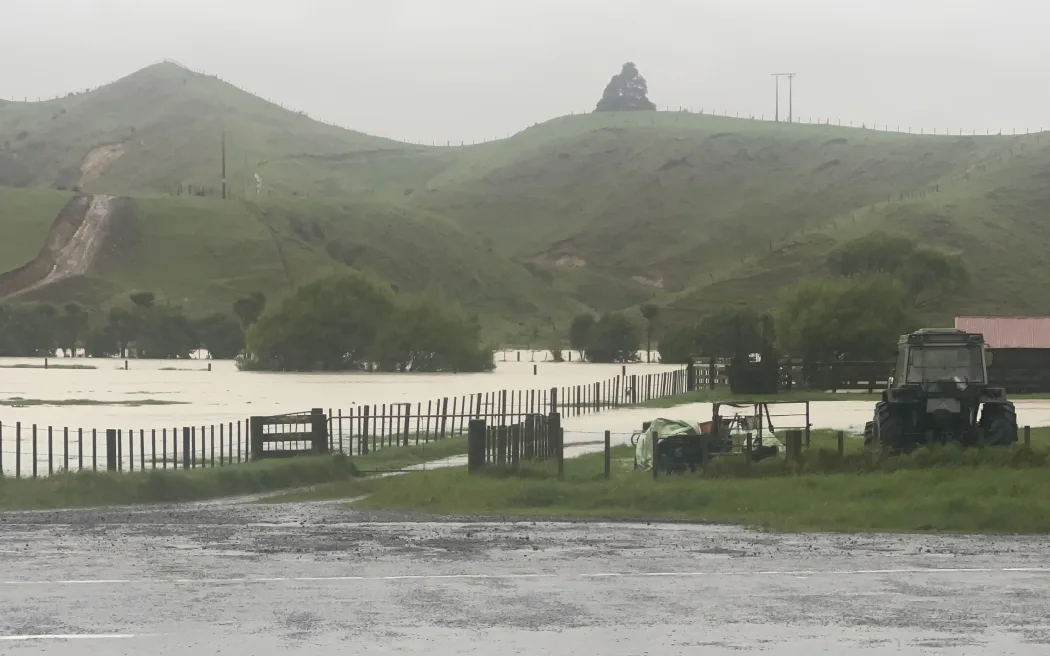 Flooding on farmland at the base of the Awakino Gorge on Tuesday 14 October 2025.