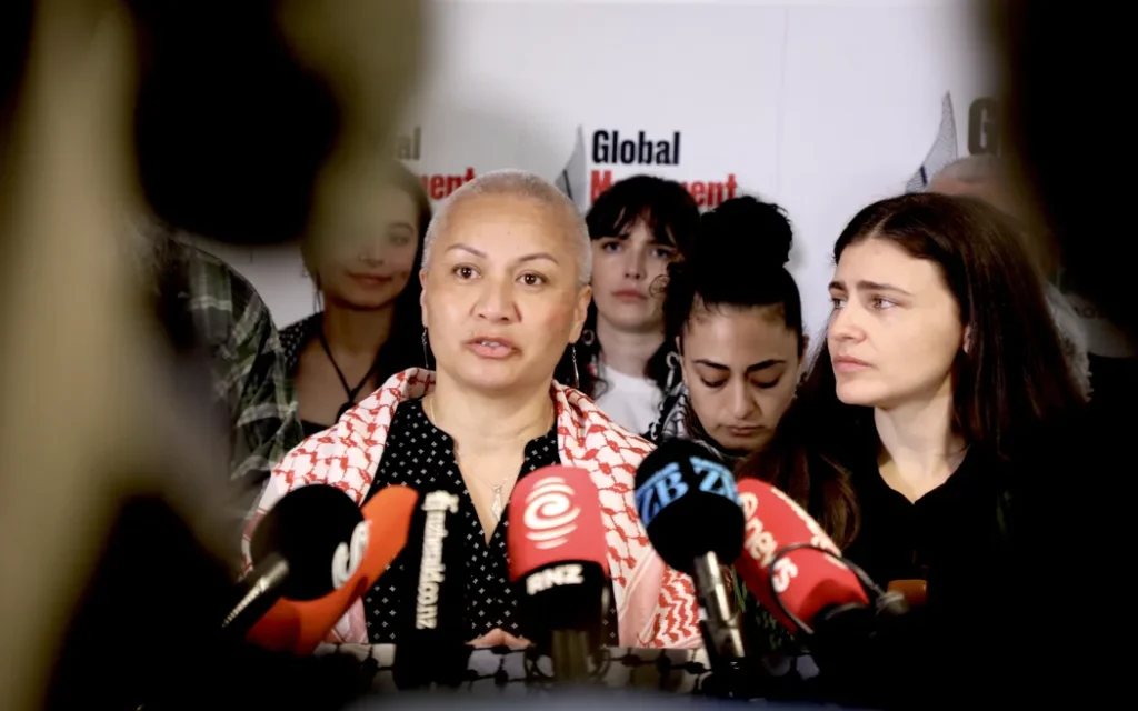 Green Party co-leaders Chlöe Swarbrick and Marama Davidson hold a media stand-up alongside family members of the New Zealanders aboard the flotilla.