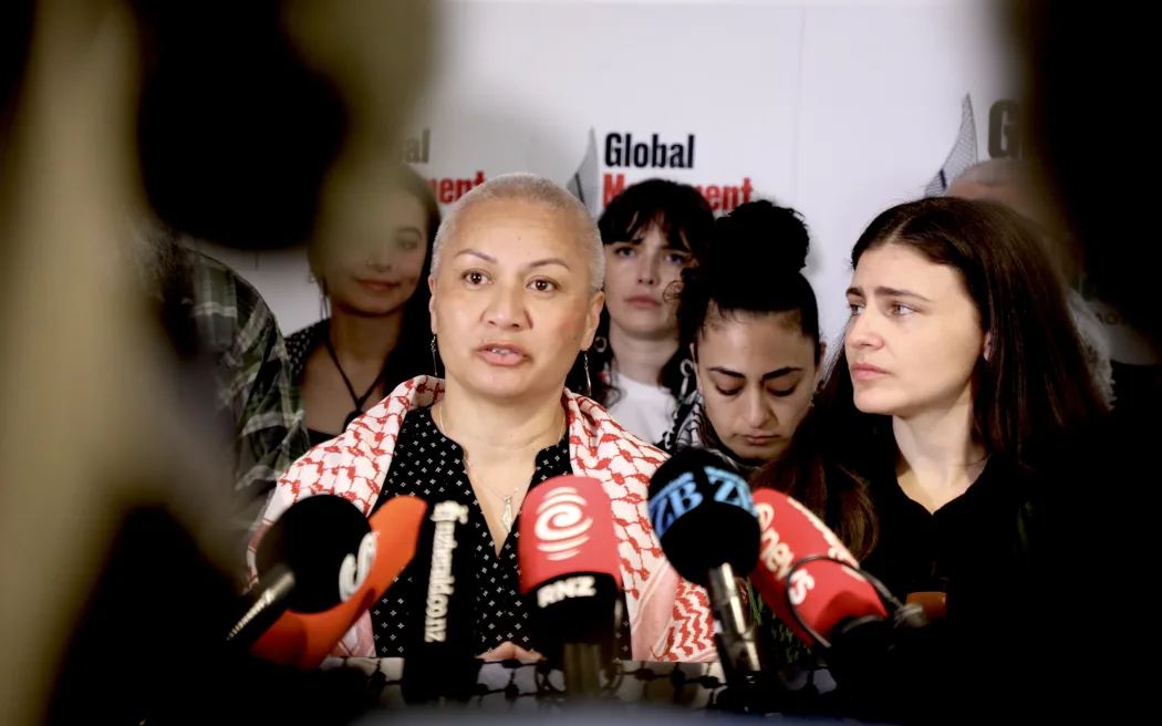 Green Party co-leaders Chlöe Swarbrick and Marama Davidson hold a media stand-up alongside family members of the New Zealanders aboard the flotilla.