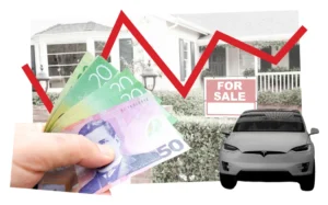 Collage of cash, car and house for sale