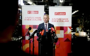 Labour Leader Chris Hipkins and Finance and Economy spokesperson Barbara Edmonds make a policy announcement.