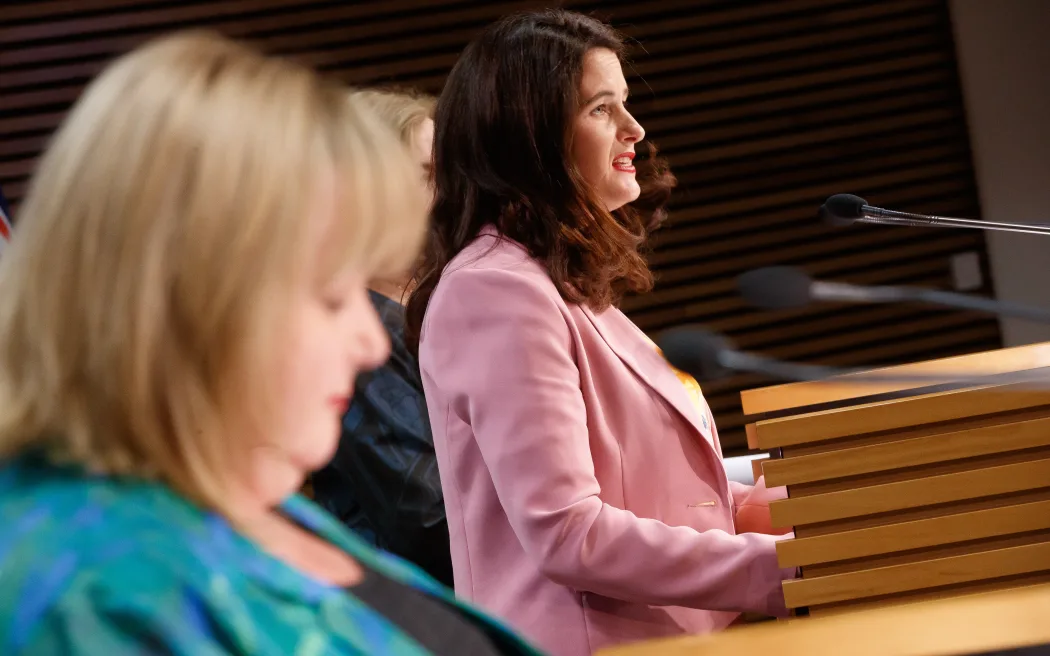 Housing Minister Megan Woods, left, National MP Nicola Willis, with National Party leader Judith Collins. The parties worked together on a Bill to amend the Resource Management Act making it easier to build houses.
