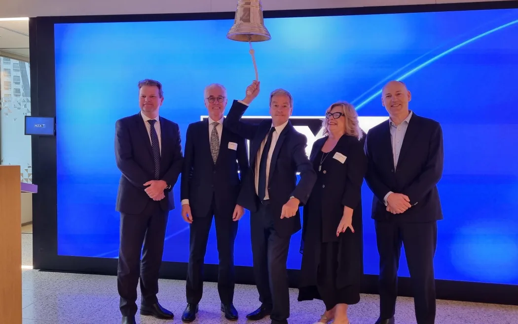 NZX chief executive Mark Peterson, NZX chair John McMahon, MP Andrew Bayly, NZX deputy chair Dame Paula Rebstock and business leader Martin Stearne