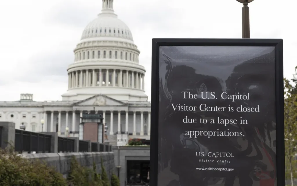 A closed sign is seen outside the US Capitol Visitor Center in Washington, DC, on October 11, 2025, on the eleventh day of the US federal government shutdown. Over 250,000 federal employees miss their paychecks this week due to the ongoing funding impasse. In the United States, government shutdowns occur when funding legislation required to finance the federal government is not enacted before the next fiscal year begins. (Photo by Aashish Kiphayet/NurPhoto) (Photo by Aashish Kiphayet / NurPhoto via AFP)