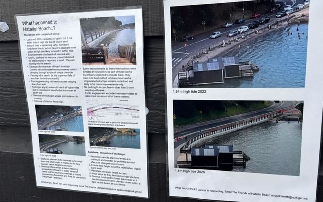 Dân Hataitai phẫn nộ: Bãi biển yêu thích 'gần như biến mất' sau dự án của chính quyền 3 Photo of flyers on the Hataitai Beach changing sheds.