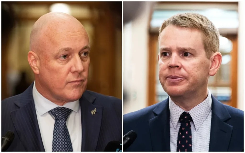 Khảo sát Curia: Đảng Quốc gia New Zealand mất điểm, khối cánh tả có thể nắm quyền 1 Prime Minister Christopher Luxon and Labour Party leader Chris Hipkins.