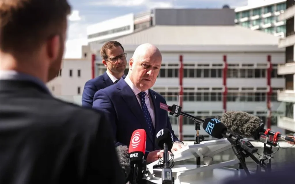 Prime Minister Christopher Luxon and Building and Construction Minister Chris Penk announcing shake-up of earthquake strengthening laws.