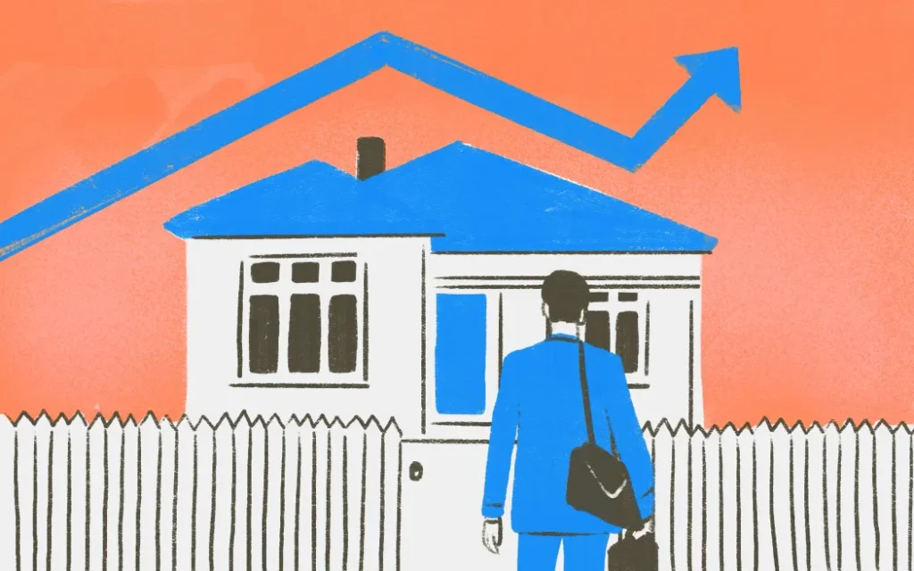 Phê duyệt trước khoản vay mua nhà: Vì sao lại dễ dàng hơn? 1 Stylised illustration of person in front of house and increasing line chart