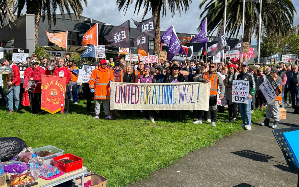 About 200 people have gathered outside Resene's head office in Lower Hutt to protest for a living wage.