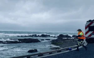 Road worker battle the wind on Tuesday morning in Eastbourne