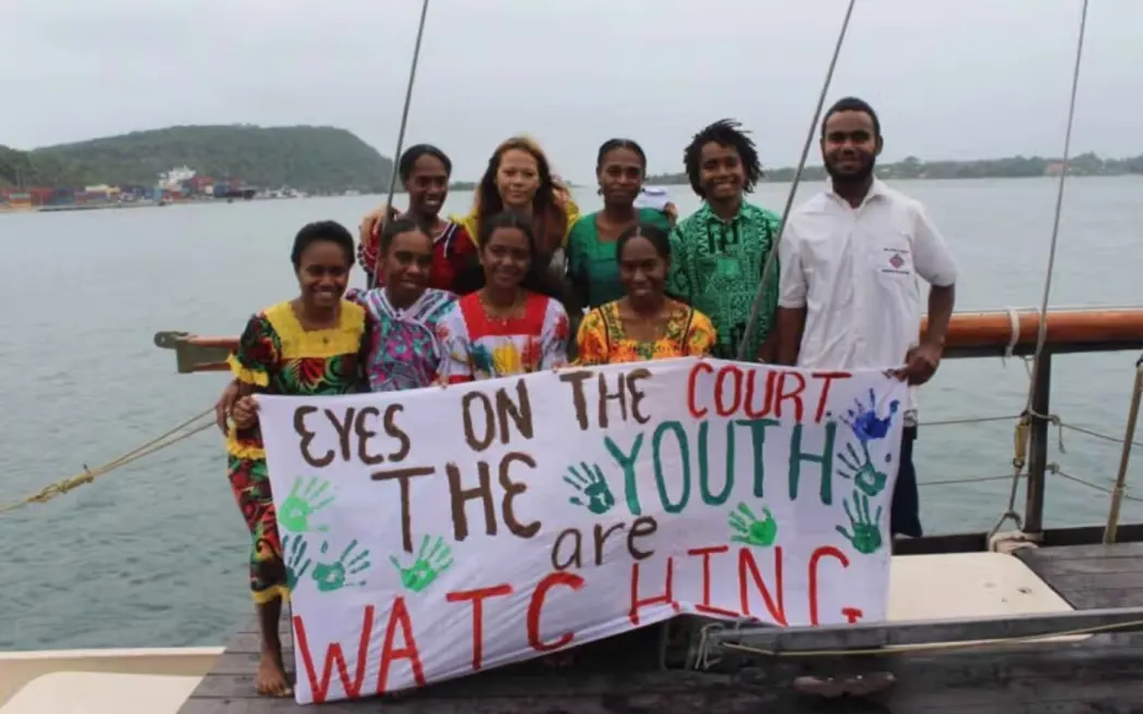 Save the Children Vanuatu NextGen Youth Ambassadors and youth climate activists demonstrating ahead of the historic International Court of Justice Advisory Opinion on Obligations of States in respect of Climate Change.