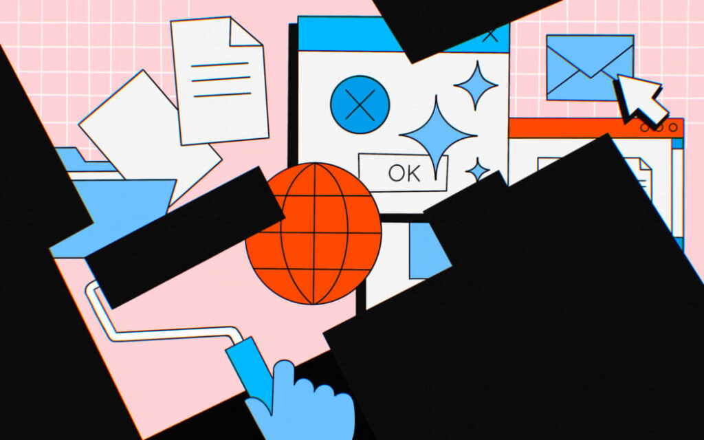 Stylised illustration of paint roller covering laptop screen