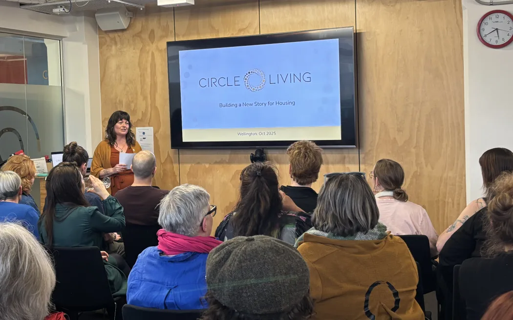 Simone Woodland gives the Circle Living pitch to a crowd of Wellingtonians at Creative HQ.