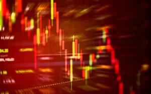 Stock crisis red price drop down chart fall / Stock market exchange analysis or forex graph business and finance crash money losing moving economic investment loss