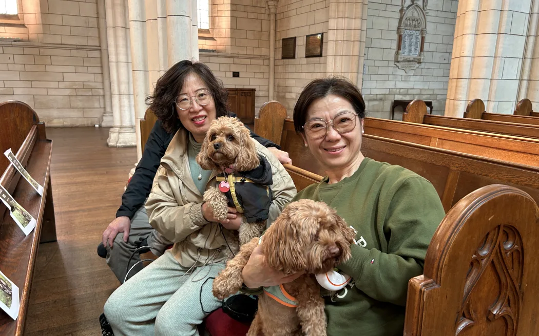 Portrait of two woman and two dogs.