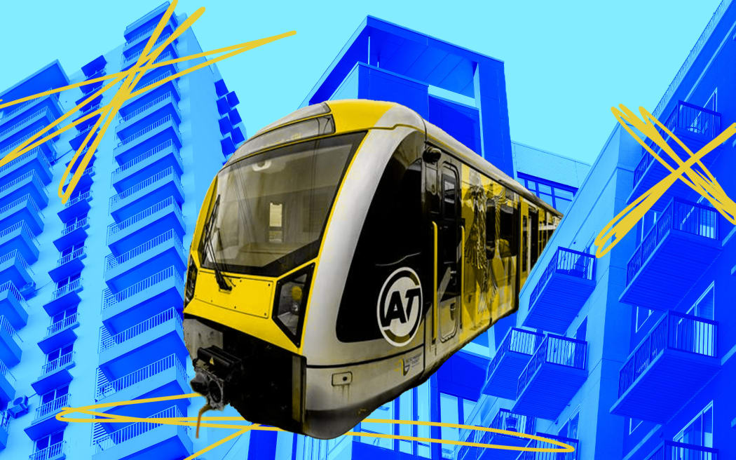 Composite of train and high rise buildings