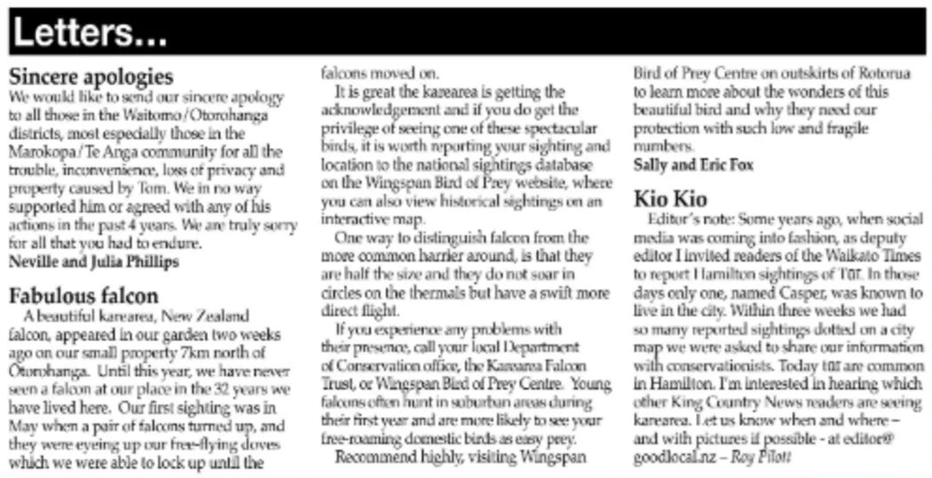Cha mẹ Tom Phillips xin lỗi vì 'rắc rối' con trai gây ra cho cộng đồng 2 Screenshot of a letter to the editor in the 'King Country News' from Neville and Julia Phillips.