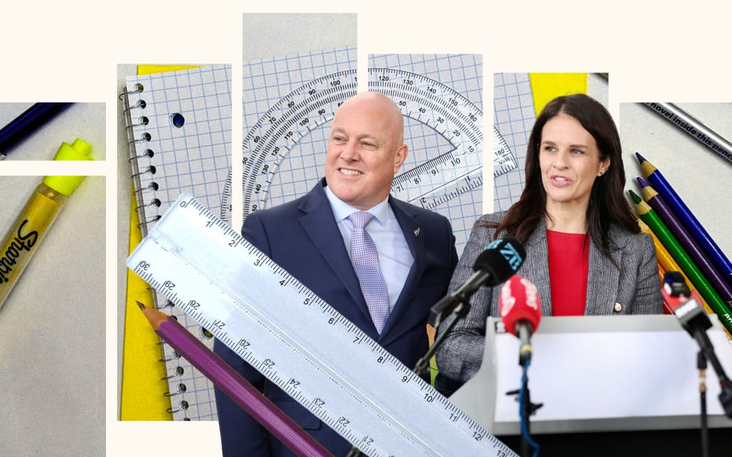 Composite of Christopher Luxon and Erica Stanford with ruler, maths book, protractor and pencils.