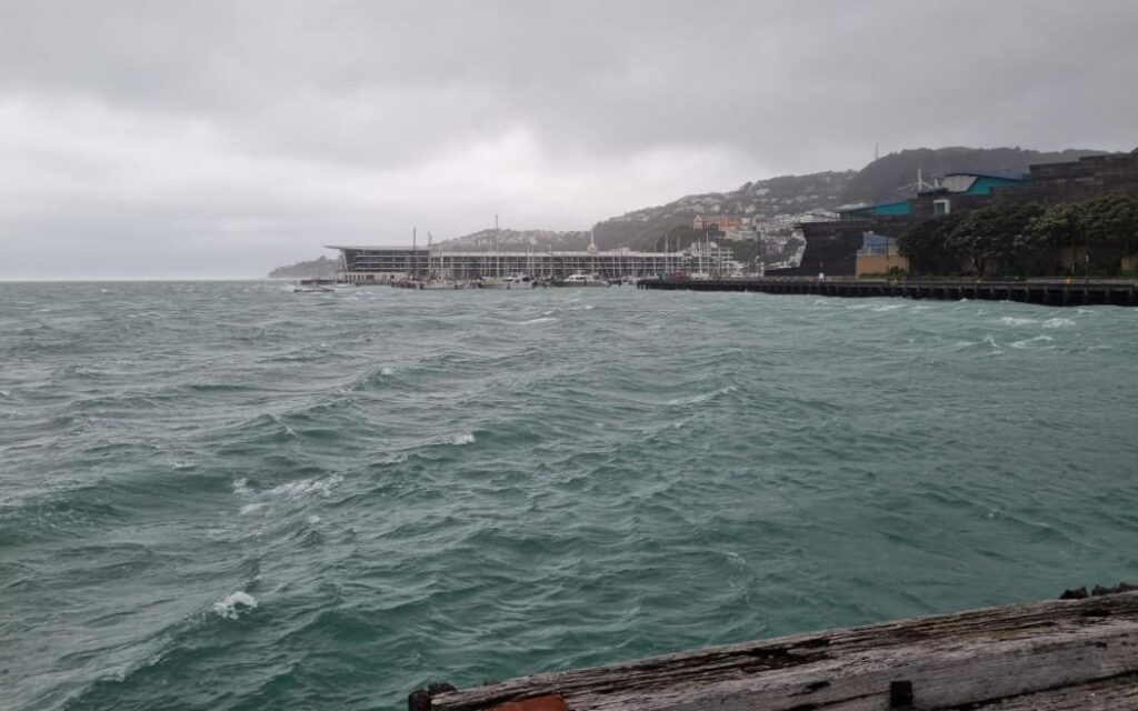 Wellington Harbour as rain and strong winds buffeted the city on Tuesday 21 October 2025.