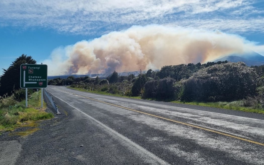 A huge amount of smoke obscures Tongariro as a wildfire continues to rage into Sunday morning on 09 September 2025.