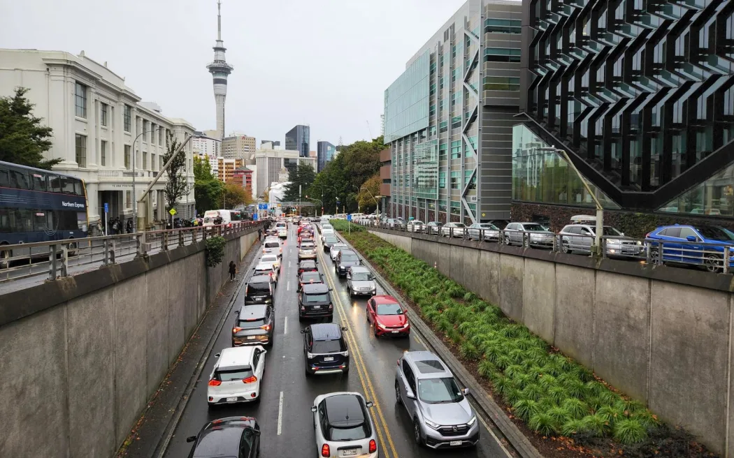 Cars stuck in gridlock traffic during heavy rain in Auckland on 9 May, 2023.