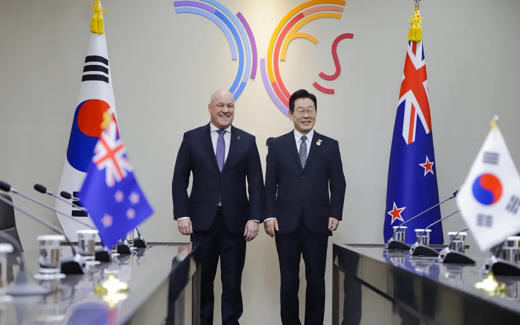 Christopher Luxon and Todd McClay at a bilateral meeting in South Korea.