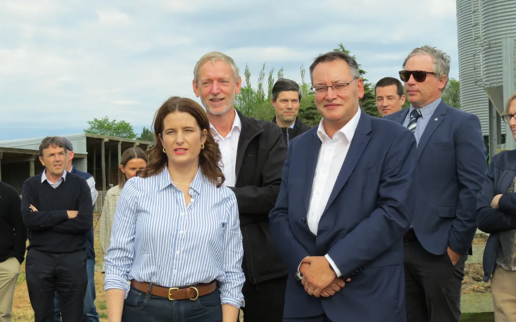Finance Minister Nicola Willis and Science, Innovation and Technology Minister Dr Shane Reti at a North Canterbury farm on Tuesday November 11.