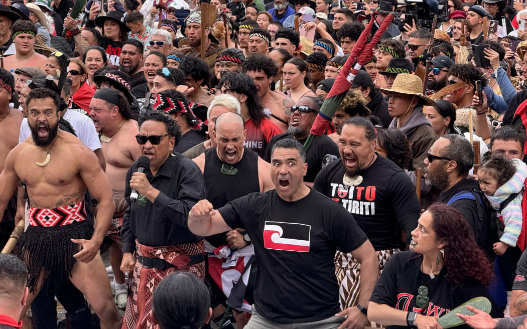 Hīkoi participants outside Parliament perform a well-known haka written by Ngapo Wehi on 19 November 2024.