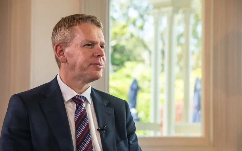 Labour Party leader Chris Hipkins being interviewed during season 4 of '30 with Guyon Espiner'. Filmed on location at Pah Homestead in Hillsborough.