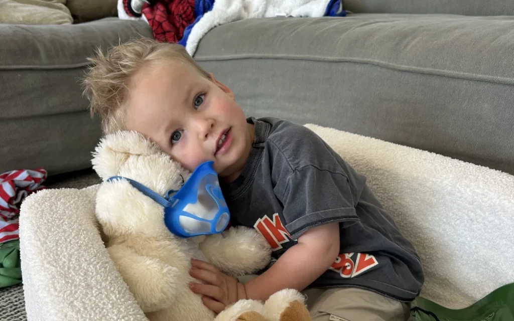 Luca Rooney uses a nebuliser most days – like the one his teddy is wearing.
