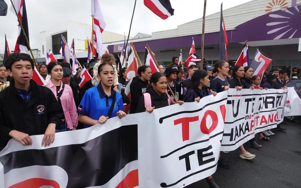 Marchers carry a banner down Kaitāia’s Commerce Street.