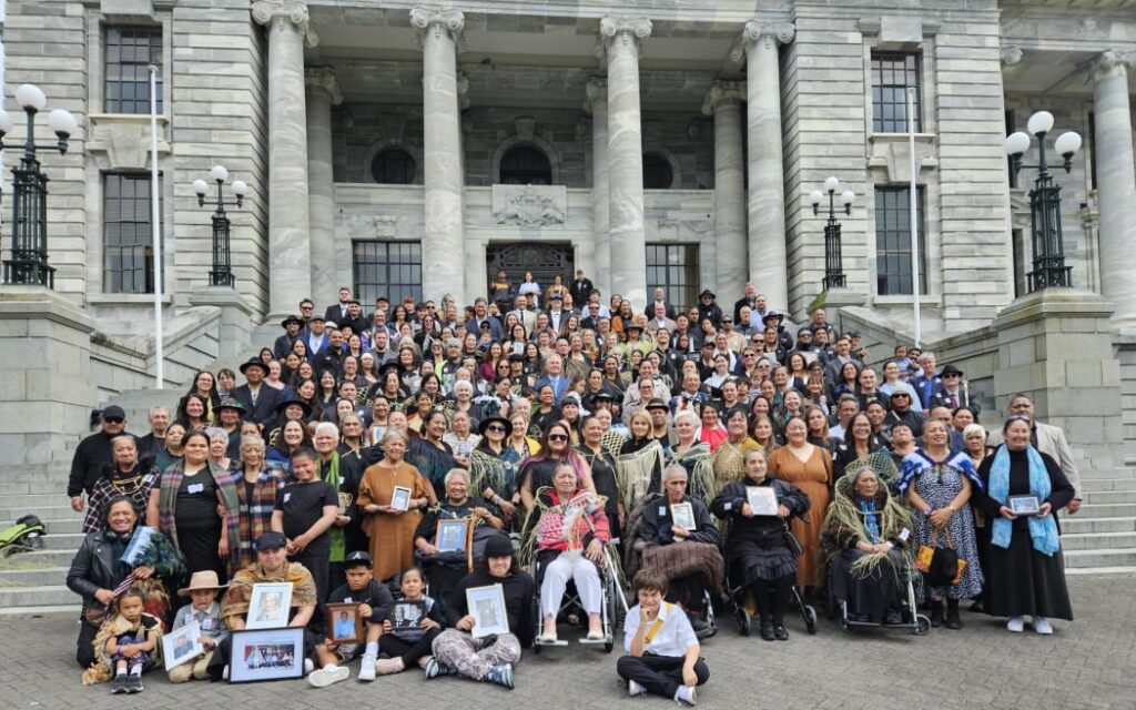 Members of Ngāti Pāoa outside Parliament after the iwi's Treaty Settlement passed its third reading.