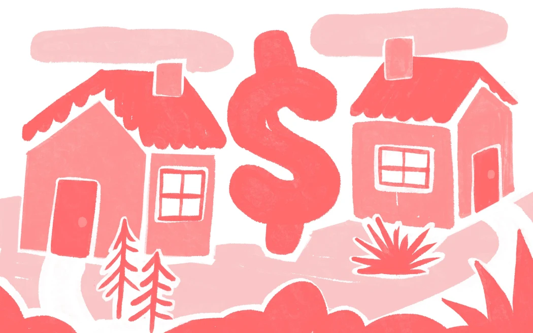 Stylised illustration of two homes and a dollar sign