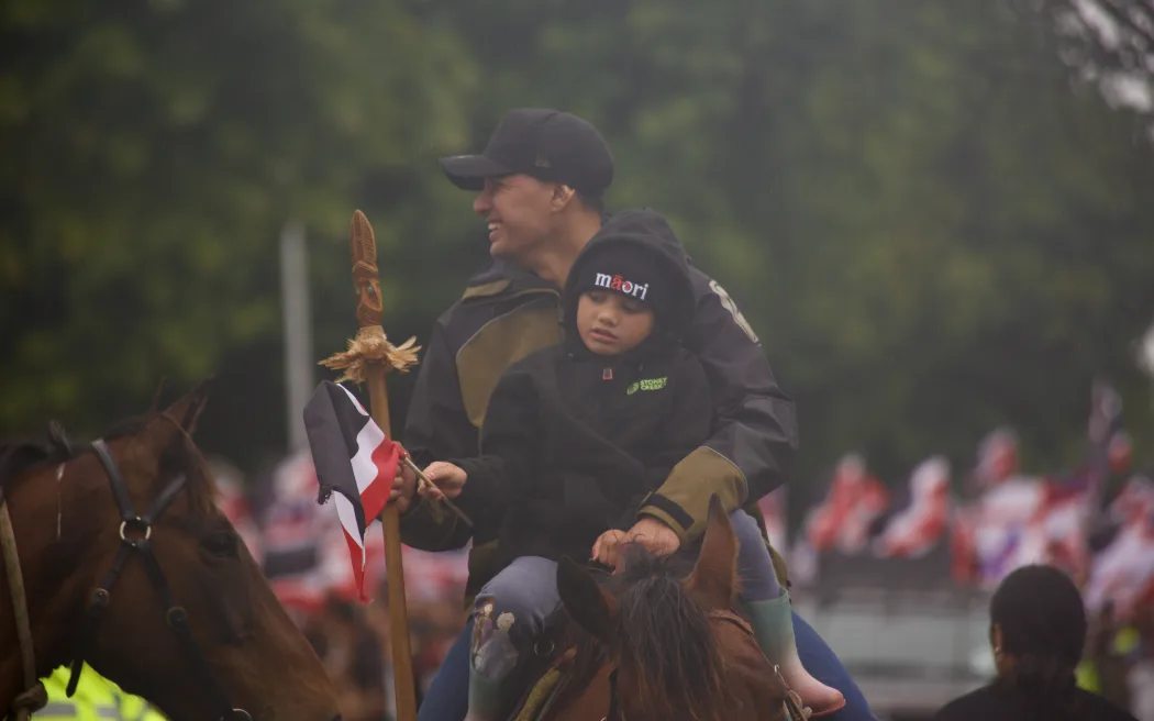 Whānau riding horseback led the way at the Hīkoi mō Te Tiriti in Rotorua.
