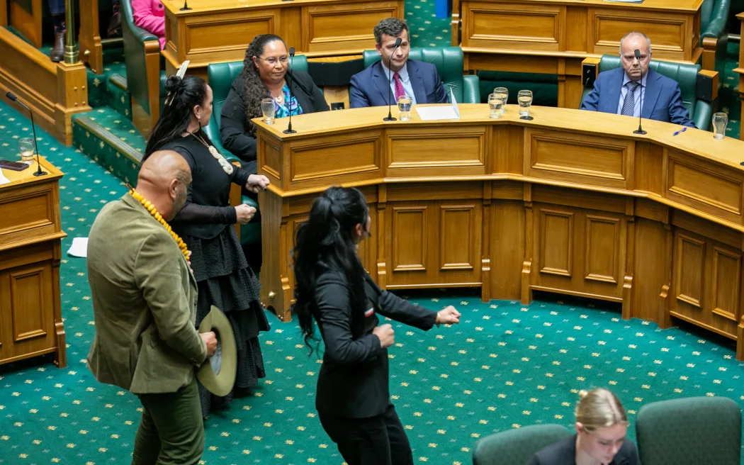 Members of Te Pati Maori do a haka in front of Act Party members in Parliament during the first reading of the Treaty Principles Bill on 14 November.