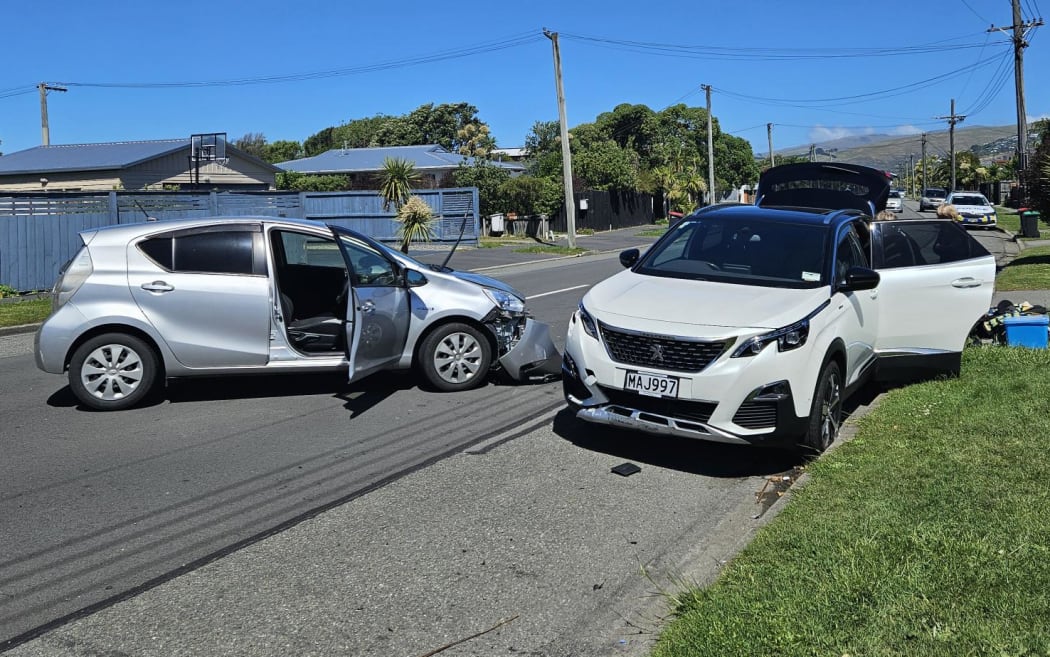 The aftermath of a crash in the Christchurch suburb of South Brighton, on Rocking Horse Road