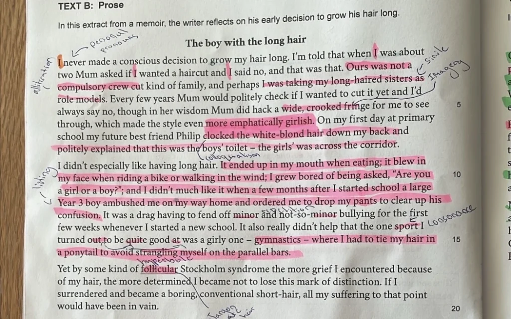 Đề thi tiếng Anh gây tranh cãi: Học sinh phải viết về cậu bé tóc dài bị bắt nạt, ép tụt quần 1 An article from the 2025 NCEA level 2 English exam.