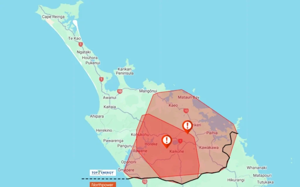 Vùng Viễn Bắc New Zealand lại mất điện lớn, hơn 23.000 hộ dân và doanh nghiệp chìm trong bóng tối 1 The extent of the outage.