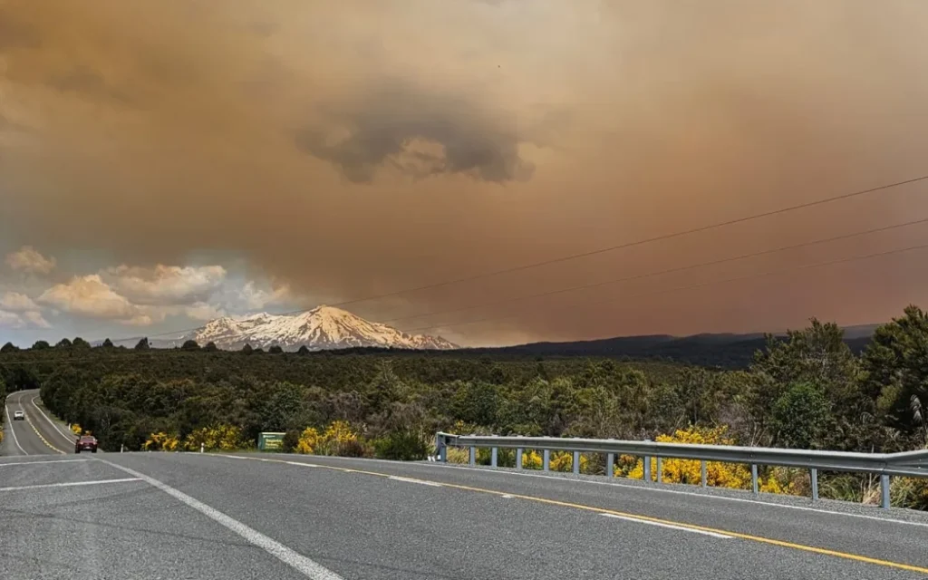 The Tongariro National Park fire is leaving the surrounding sky covered in hazy smoke