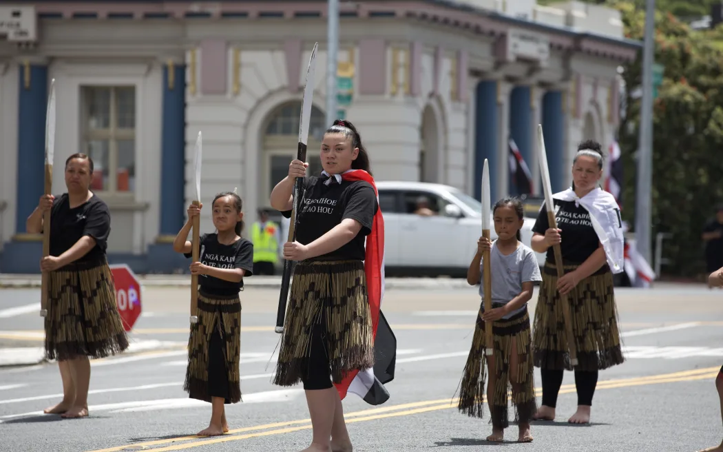 Young kaihoe perform haka at the Dargaville Hīkoi mō Te Tiriti.